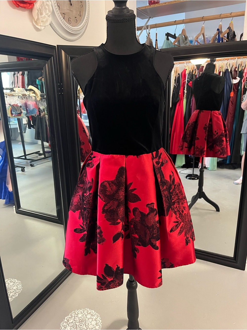 Teeze Me Black Velvet Bodice with Red Floral Fit & Flare Dress